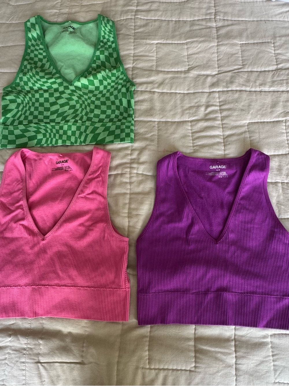 Garage V-Neck Ribbed Crop Tank Trio - Green, Pink & Purple